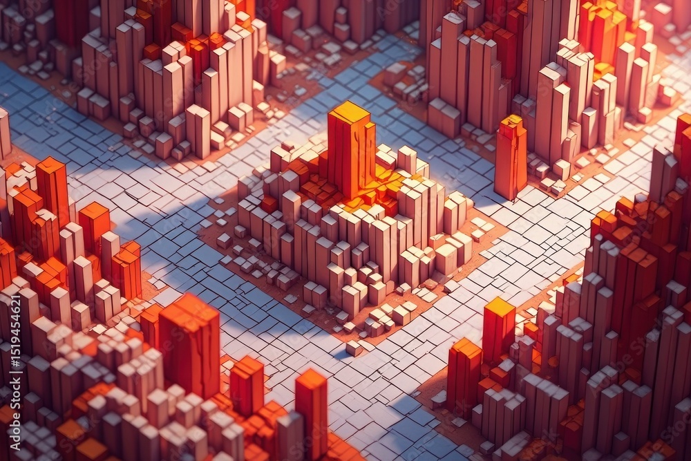 Obraz premium Abstract geometric cityscape with tall rectangular blocks in warm orange and red tones under soft sunlight, creating a futuristic urban environment