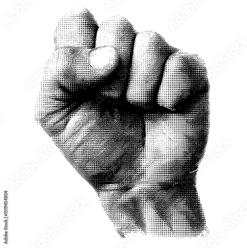 Grunge pop art collage with strong fist in halftone texture, crazy punk elements, retro gesture design. Vector illustration, bold artwork, mixed media, artistic concept.