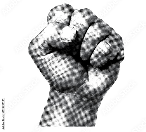 Strong fist gesture in retro halftone collage, punk pop art elements, grunge texture, crazy hand expression, mixed media template. Vector illustration, cutout, modern abstract.