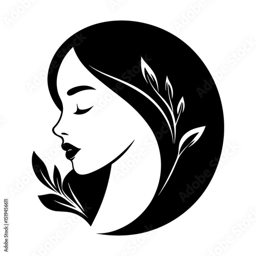 Beauty salon logo design. Beautiful young woman with makeup, long hair and natural plants, vector icon illustration