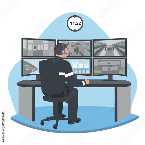 Night shift security officer observes several surveillance screens in control room, focusing on building protection and crime prevention measures.