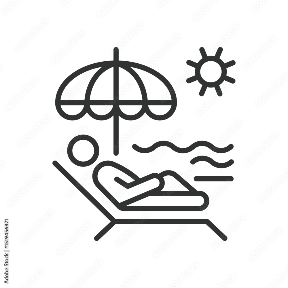 Beach relaxing, icon in line design. Beach relaxing, vacation, leisure, sunbathing, hammock, ocean, sand on white background vector. Beach relaxing editable stroke icon