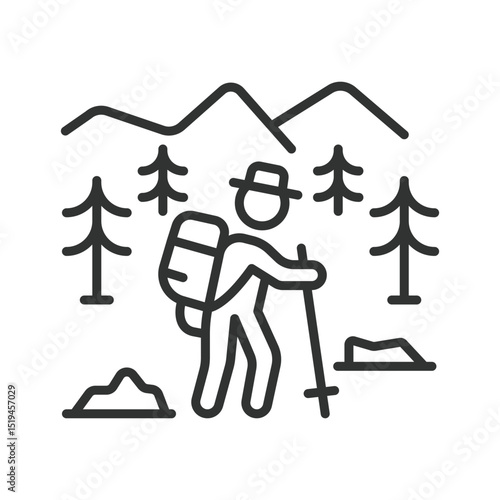 Hiking, icon in line design. Hiking, trail, backpack, boots, trekking, mountain, outdoor on white background vector. Hiking editable stroke icon