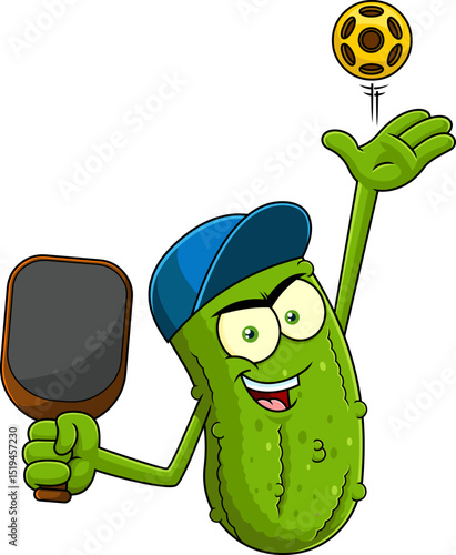 Angry Pickleball Cartoon Mascot Character Tossing Ball And Holding Paddle - Vector Hand Drawn Illustration Isolated On Transparent Background