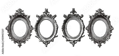 Stippled texture mirror frames, gothic vintage vector illustration, antique baroque oval borders, retro victorian ornate design, halftone collage, banner, design element, vintage accents.