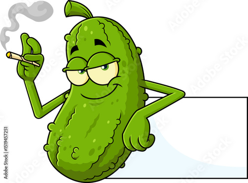 Cool Pickle Cartoon Mascot Character Smoking Joint And Leaning On Blank Sign - Vector Hand Drawn Illustration Isolated On Transparent Background