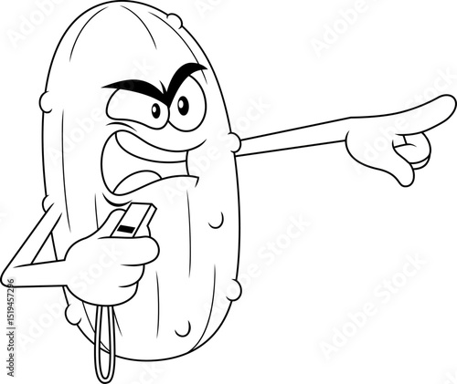 Angry Pickleball Referee Pickle Mascot Character Blowing Whistle And Pointing