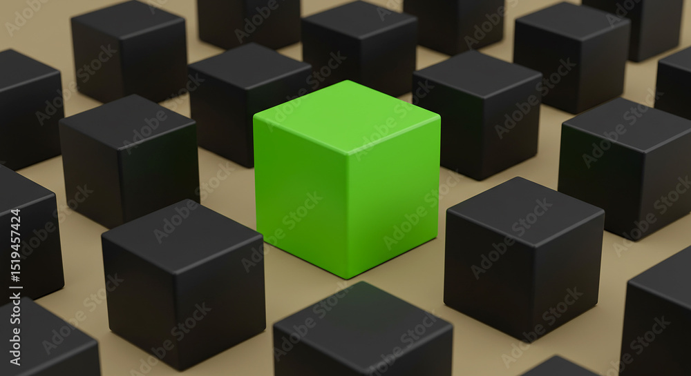 A green cube stands out among many black cubes on a light brown surface in a studio setting A green cube stands out among many black cubes on a light brown surface in a studio setting