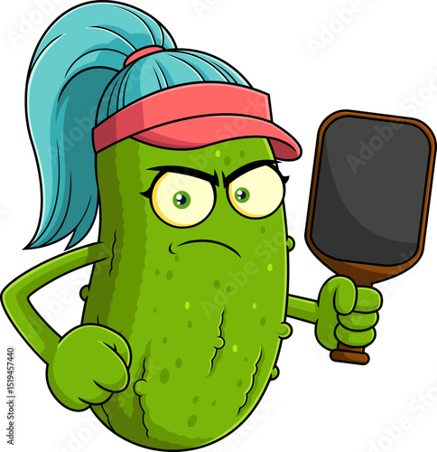 Angry Female Pickleball Pickle Mascot Character With Paddle And Ponytail - Vector Hand Drawn Illustration Isolated On Transparent Background