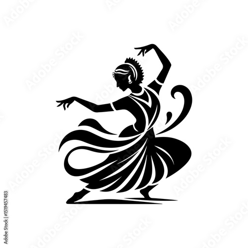 Minimalist black and white vector logo of a classical Indian dancer in traditional performance pose