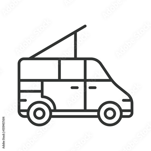 Camper van, icon in line design. Camper van, motorhome, RV, travel van, camper, road trip, van life on white background vector. Camper van editable stroke icon