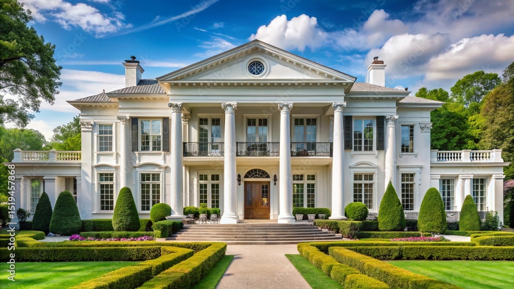 Obraz premium Elegant Mansion: a majestic white mansion with a classic design, large pillars, well-maintained gardens, and a bright facade, embodying luxury, architecture, and opulence.