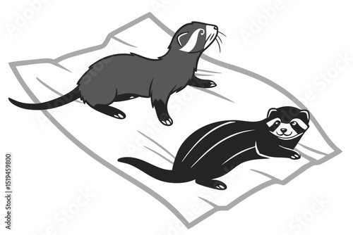 Ferret illustration two cartoon animals cute pets black and white design
