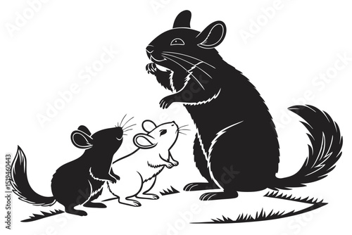 Silhouette illustration of chinchilla with two babies black and white graphics