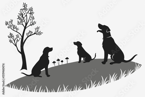 Silhouette illustration of three dogs sitting in a grassy field with a tree