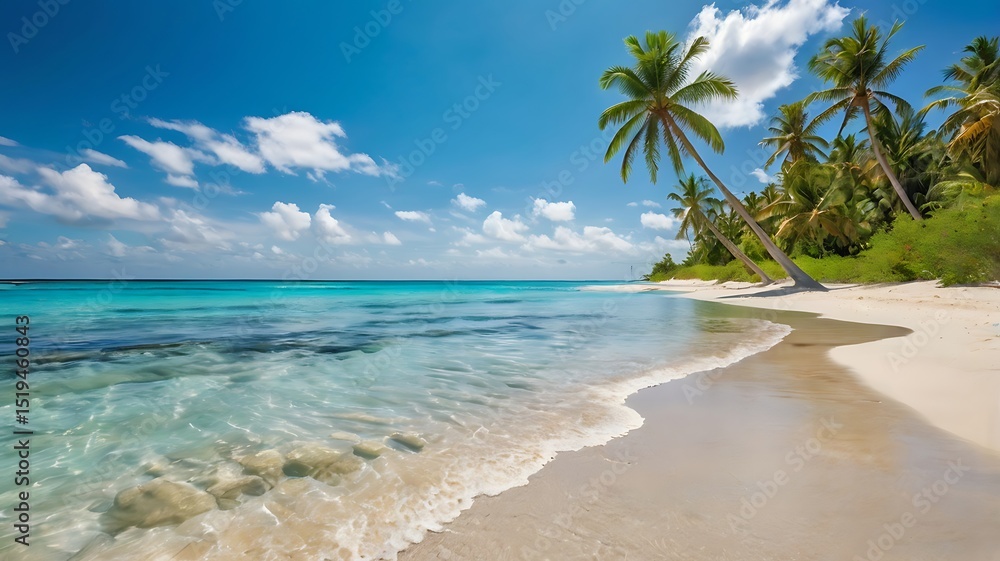 Obraz premium Tropical Paradise Idyllic Beach Scene with Crystal Clear Water and Lush Palm Trees