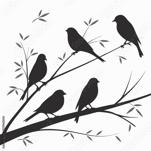 Wallpaper Mural Silhouetted birds perched on tree branches with leaves vector graphic design Torontodigital.ca