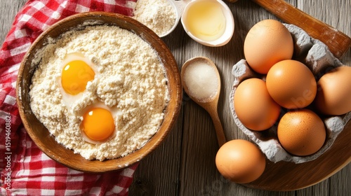 Wallpaper Mural Small bowl of flour, eggs, and sugar beside mixing bowl with dough Torontodigital.ca