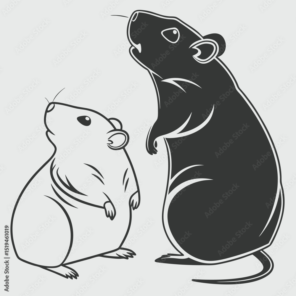 Stylized rodents featuring two rats standing alert silhouette illustration Stylized rodents featuring two rats standing alert silhouette illustration