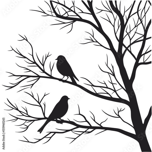 Two birds perched on a bare tree branch silhouette against white background