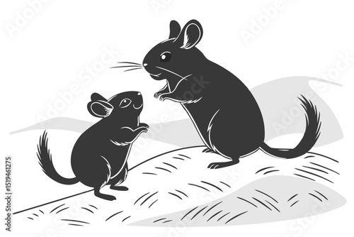 Two cute chinchillas standing together on a landscape monochrome illustration style