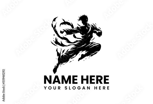 Martial arts stencil vector logo of kung fu fighter performing energetic mid-air kick