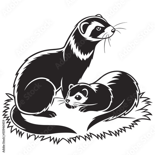 Two ferrets illustration black and white vector isolated design