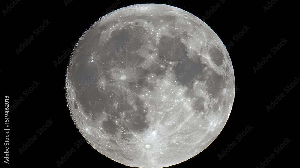 Obraz premium Detailed full moon view, showing craters and lunar surface textures