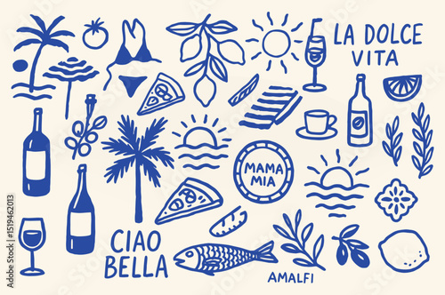 Hand-drawn Mediterranean summer doodle set – Italy beach food, sea, travel icons