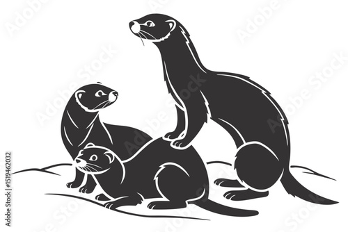 Vector illustration of a group of ferrets black and white simple design