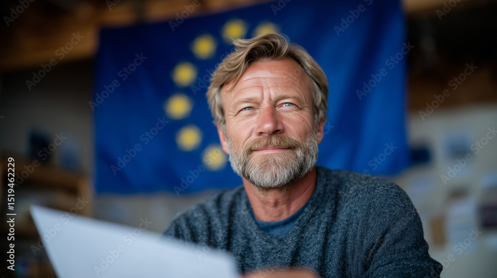 Fototapeta premium Close-up of a determined mature manâs face focused on voting, holding a ballot in front of a European Union flag backdrop inside a polling station