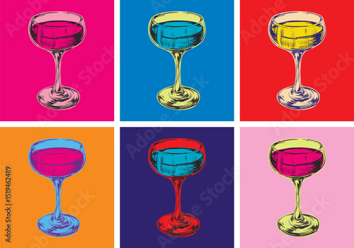 Champagne Glass Hand Drawing Vector Illustration. Alcoholic Drink. Pop art style. Hen party.