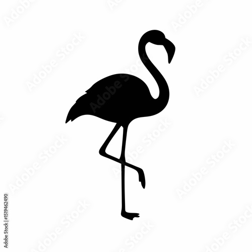 A black silhouette of a flamingo standing on one leg, showcasing its elegant posture and distinctive features against a white background.