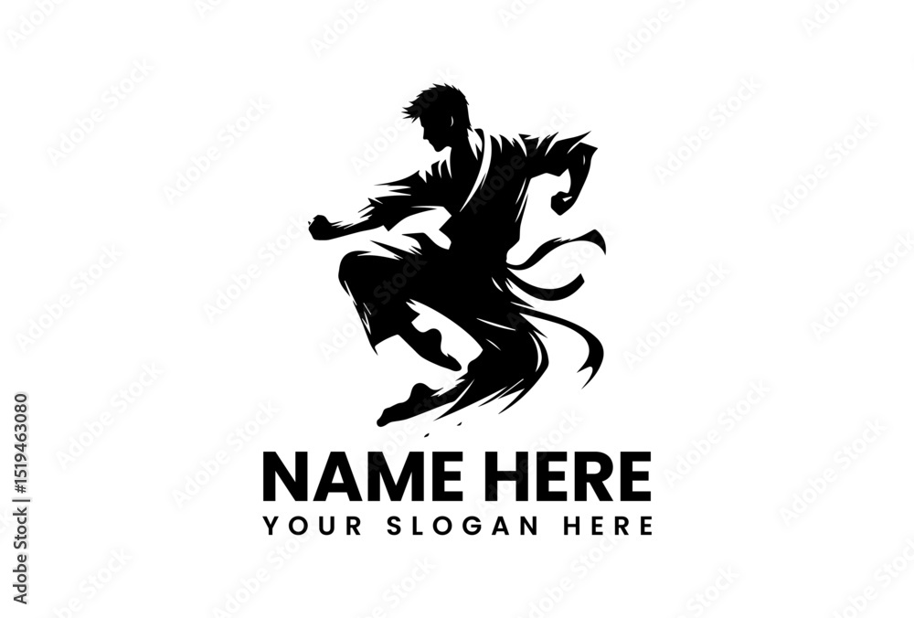 Naklejka premium Martial arts stencil vector logo of kung fu fighter performing energetic mid-air kick