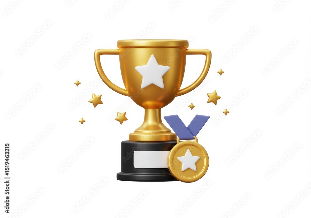 3D Illustration of Golden trophy and medal with a star isolated on white background representing success and achievement 3D Illustration of Golden trophy and medal with a star isolated on white background representing success and achievement