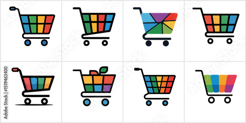 Colorful shopping cart icons on transparent background, concept for ecommerce branding and app design