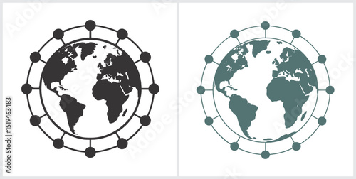 Global network connection concept illustrated by two earth icons with interconnected nodes on transparent background, concept for global communication, networking, and technology