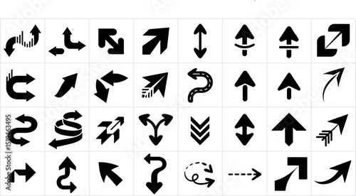 Stylized black arrow vector collection on white background, modern navigation symbol illustrations in circular motion, clean line art for graphic design and digital interface use