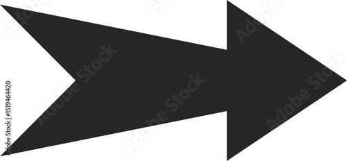 Simple, flat design of a dark gray arrow pointing towards the right side, featuring a notched tail, isolated against a clean white background, conveying direction and progress