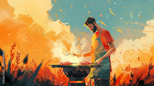 Man Grilling Outdoors: Sunny Day Stock Photo for Creative Projects., Man Grilling Outdoors: Sunny Day BBQ Illustration Stock Photo for Creative Projects.