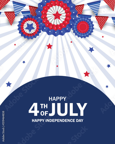 4th of July Independence Day poster with paper fan, star and bunting decoration