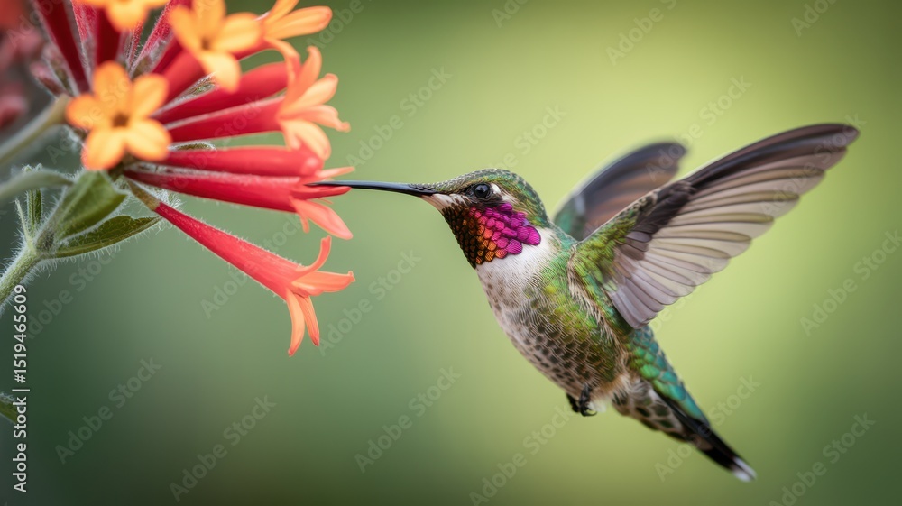 Fototapeta premium Vibrant hummingbird with iridescent green feathers and ruby throat hovering near orange-red tubular flowers. The detailed close-up captures its wings in motion while feeding on nectar.