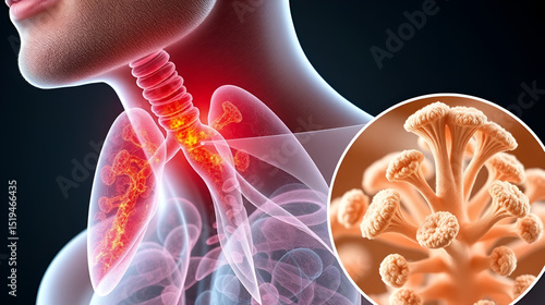 A man with lung mucormycosis lesion, with close-up view of Rhizopus fungi, 3D illustration