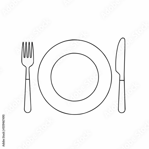 Line art of fork and knife beside empty plate  
