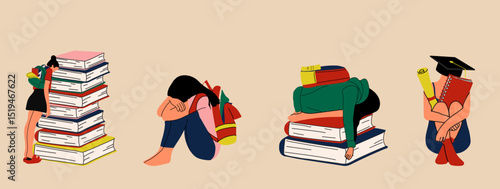 Stressed Out School Girl with Stack of Books.  Student Mental Health Concept