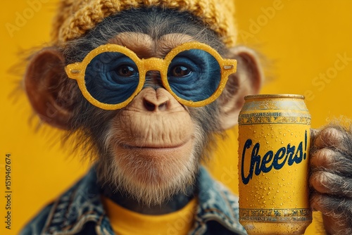 A playful monkey in New Year's glasses holding a 