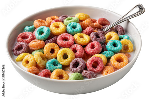Rainbow cereal in bowl with milk isolated on transparent background