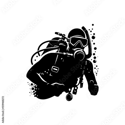 Powerful silhouette of a scuba diver with a mask and snorkel amidst rising bubbles. Sport concept
