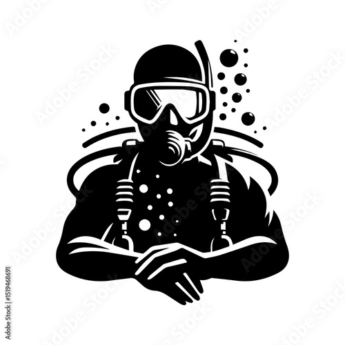 Dynamic silhouette vector logo of a scuba diver with mask and snorkel surrounded by rising air bubbles