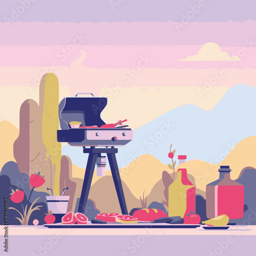 Sunset Backyard BBQ Setup with Grill and Drinks

